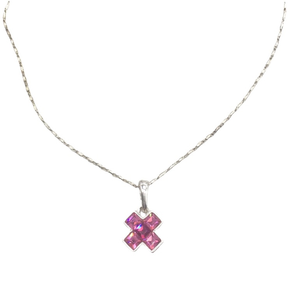 Jewelry Silver toned necklace chain and cross pendant with pink rhinestones